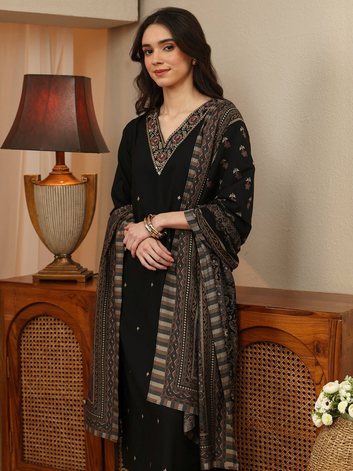 Black Floral Embroidered Rayon Straight Suit Set