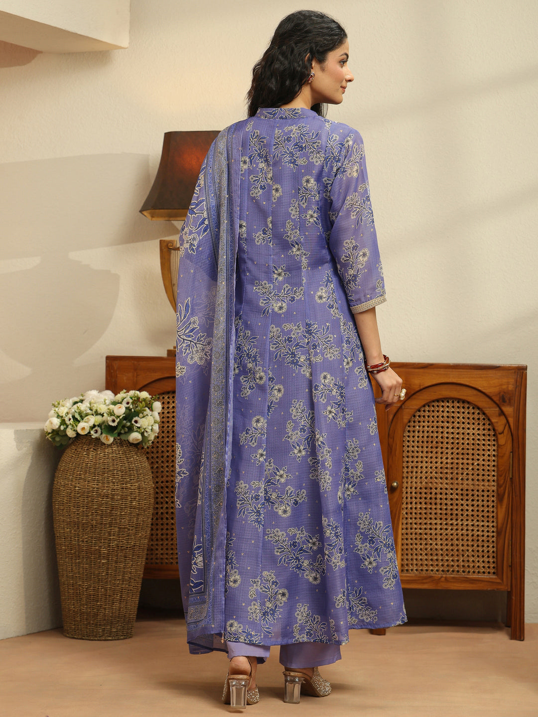 Lavender Floral Printed Chiffon Anarkali Suit Set