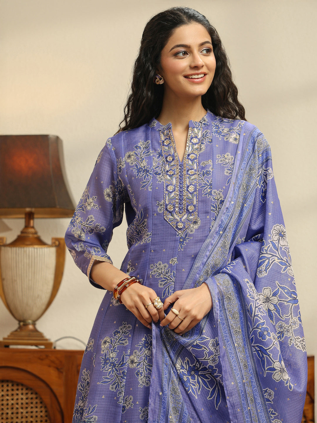 Lavender Floral Printed Chiffon Anarkali Suit Set