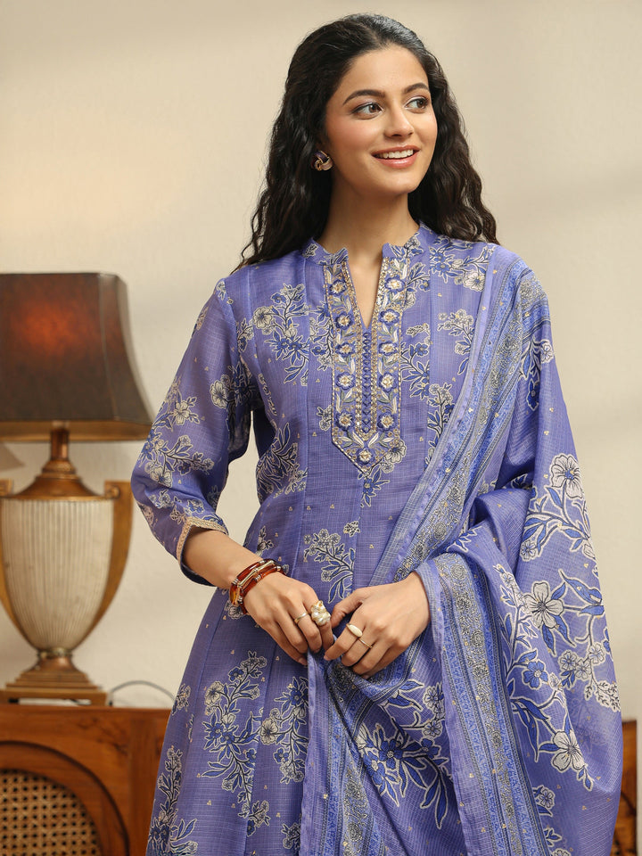 Lavender Floral Printed Chiffon Anarkali Suit Set