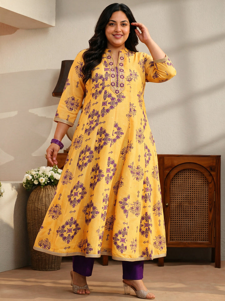 Plus Size Yellow Floral Printed Chiffon Anarkali Suit Set