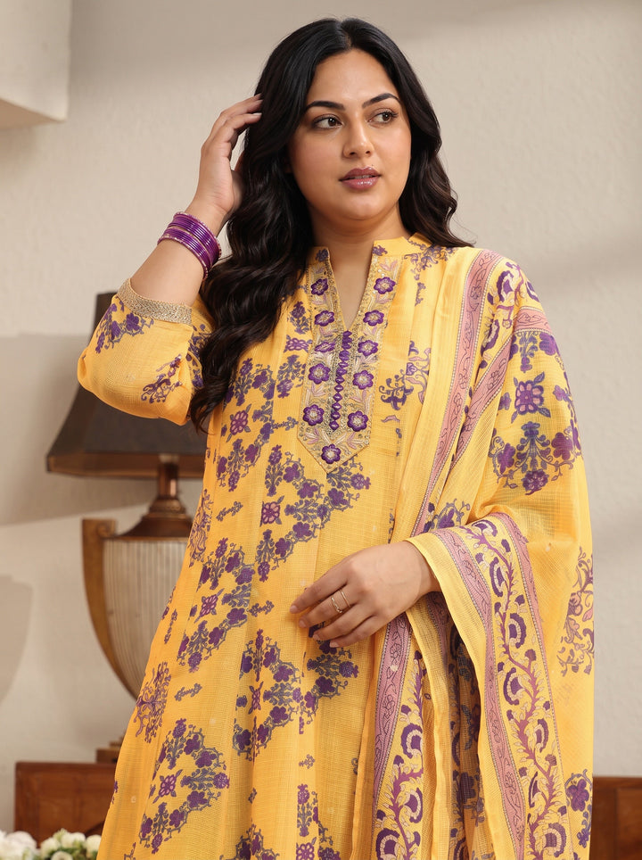 Plus Size Yellow Floral Printed Chiffon Anarkali Suit Set