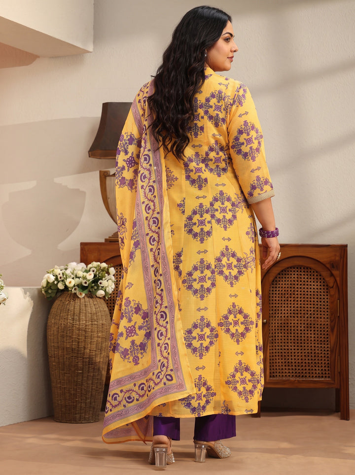 Plus Size Yellow Floral Printed Chiffon Anarkali Suit Set