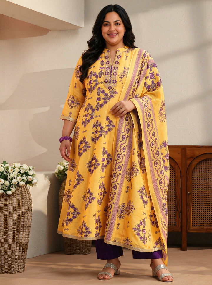 Plus Size Yellow Floral Printed Chiffon Anarkali Suit Set