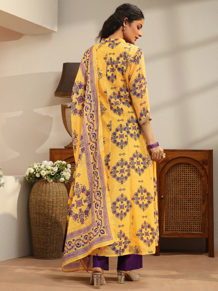 Yellow Floral Printed Chiffon Anarkali Suit Set