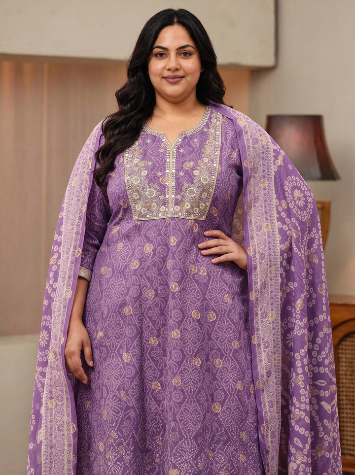 Plus Size Lavender Bandhani Printed Chiffon Anarkali Suit Set