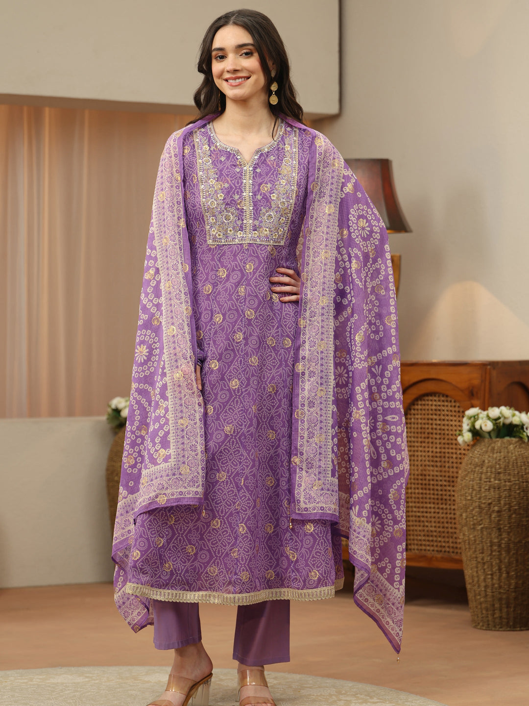 Purple Bandhani Chiffon Anarkali Suit Set