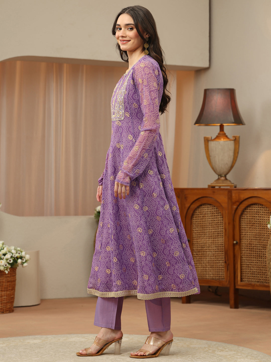 Purple Bandhani Chiffon Anarkali Suit Set