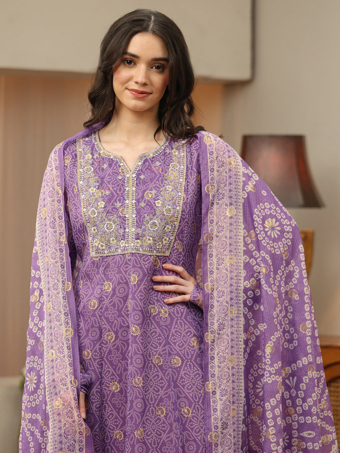 Purple Bandhani Chiffon Anarkali Suit Set