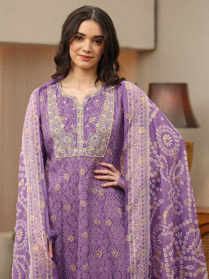 Purple Bandhani Chiffon Anarkali Suit Set
