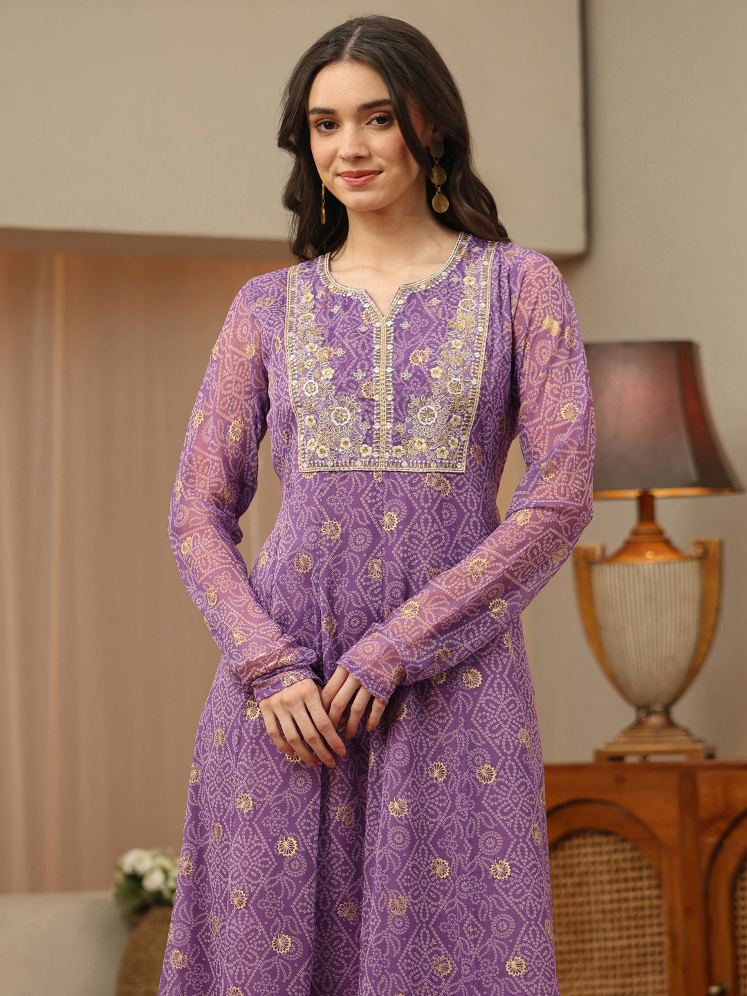 Purple Bandhani Chiffon Anarkali Suit Set