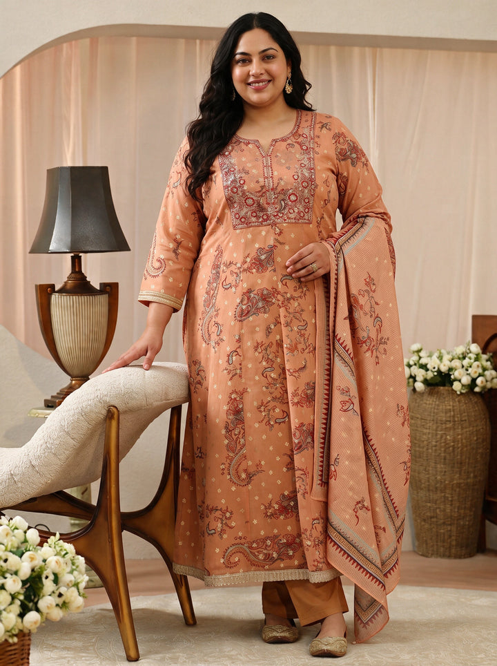 Plus Size Orange Floral Printed Chiffon Anarkali Suit Set