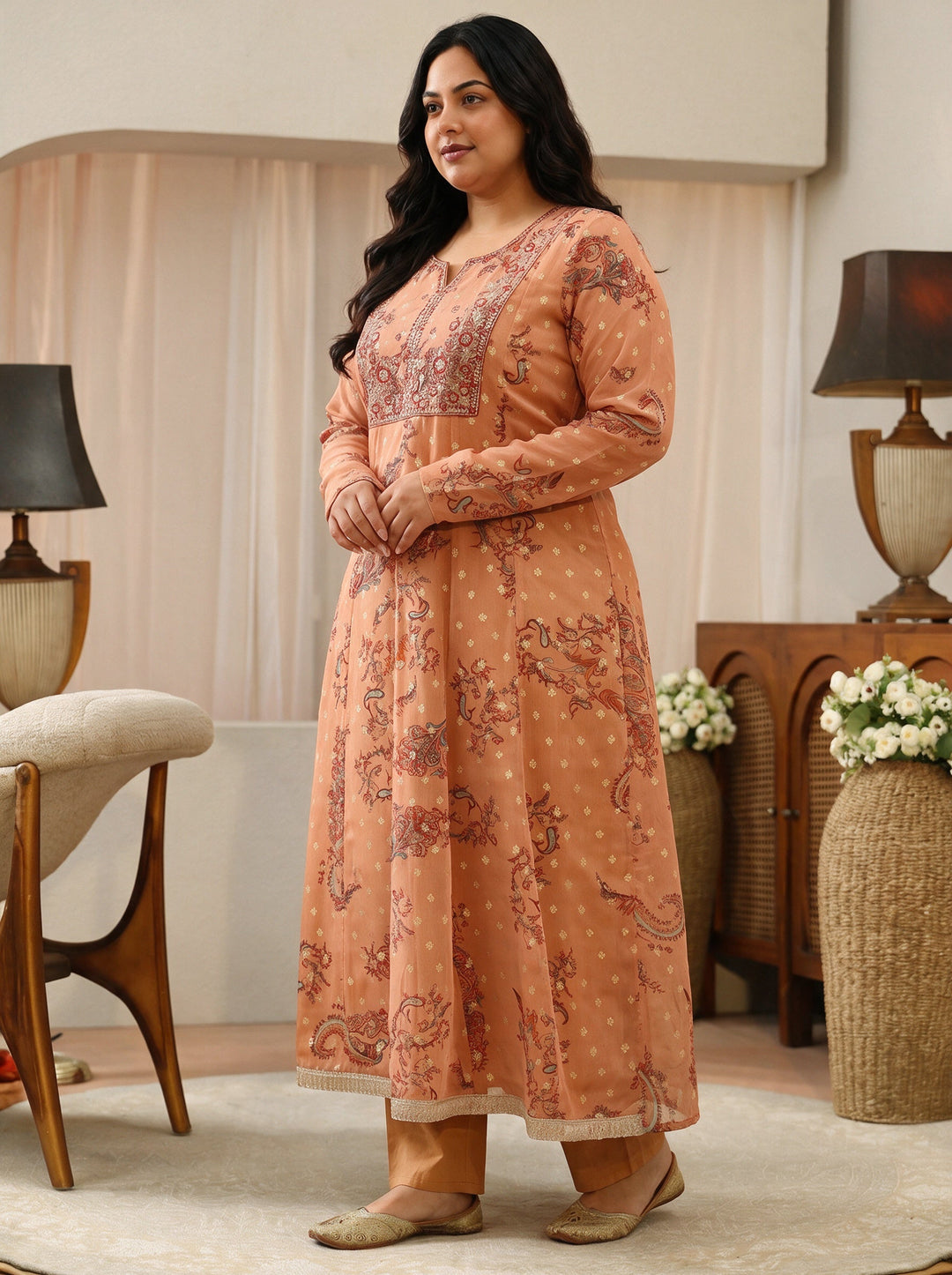 Plus Size Orange Floral Printed Chiffon Anarkali Suit Set