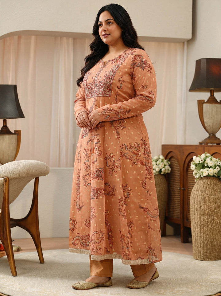 Plus Size Orange Floral Printed Chiffon Anarkali Suit Set