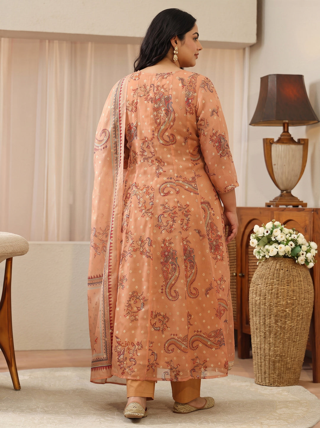 Plus Size Orange Floral Printed Chiffon Anarkali Suit Set