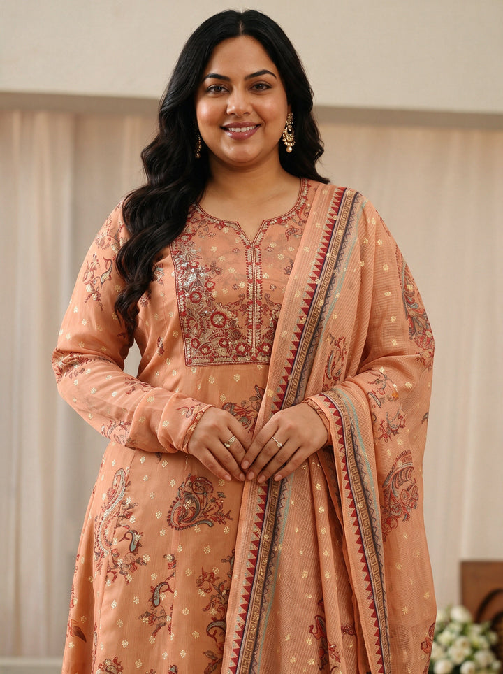 Plus Size Orange Floral Printed Chiffon Anarkali Suit Set