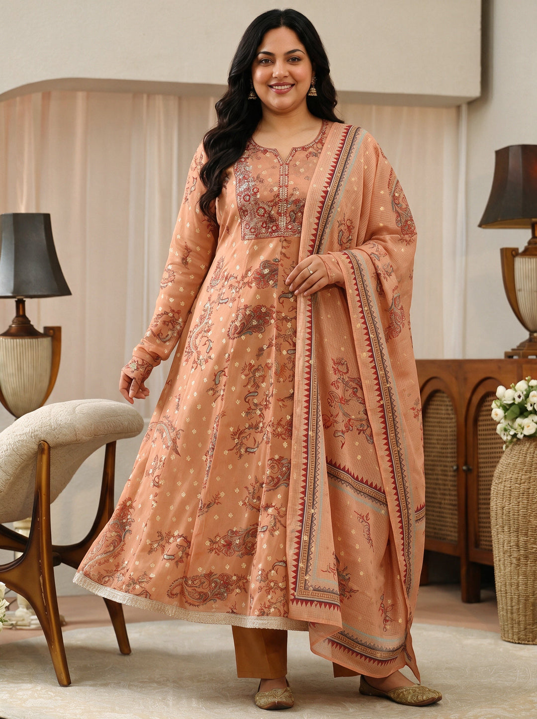 Plus Size Orange Floral Printed Chiffon Anarkali Suit Set