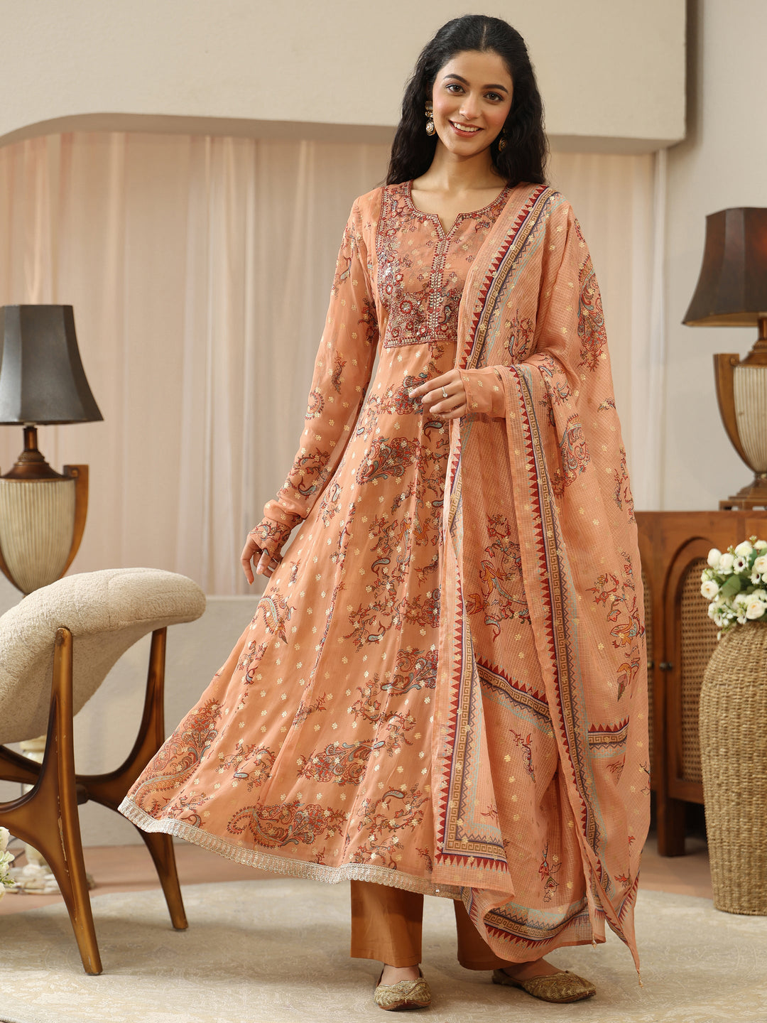 Coral Orange Floral Printed Chiffon Anarkali Suit Set