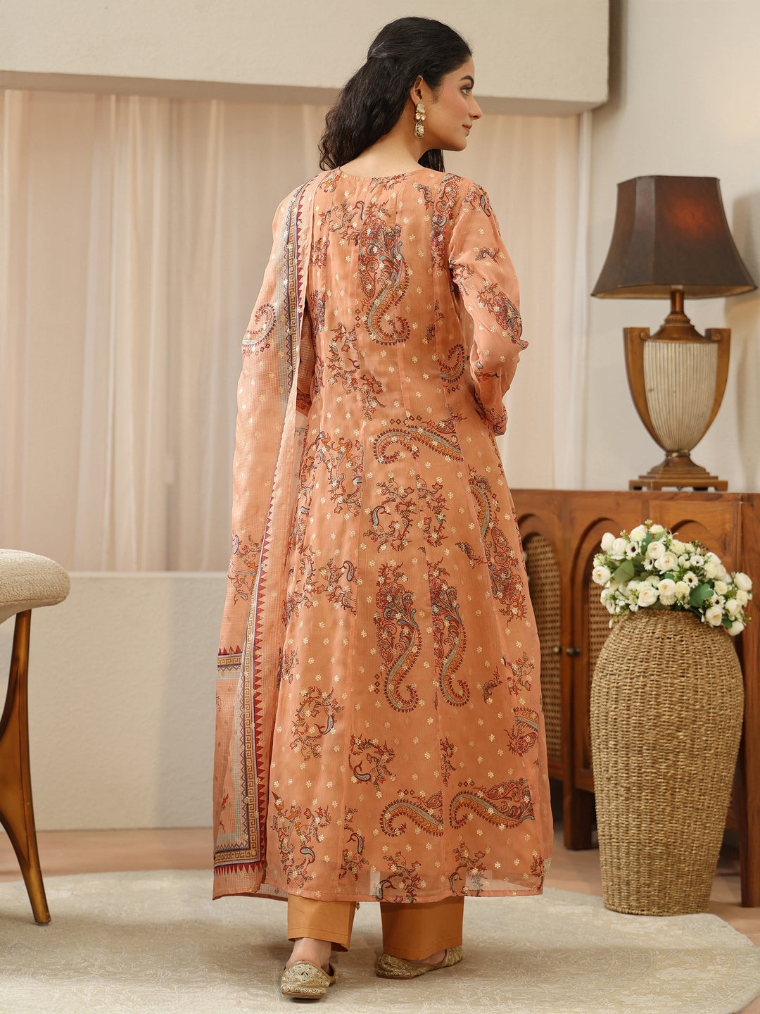 Coral Orange Floral Printed Chiffon Anarkali Suit Set