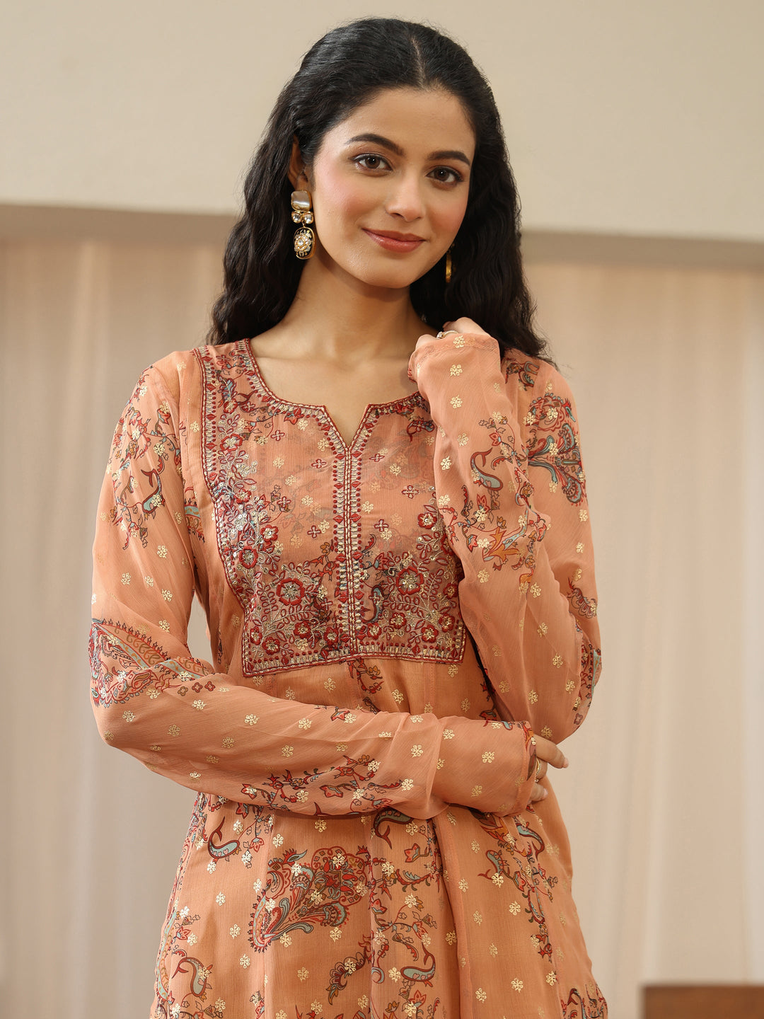 Coral Orange Floral Printed Chiffon Anarkali Suit Set