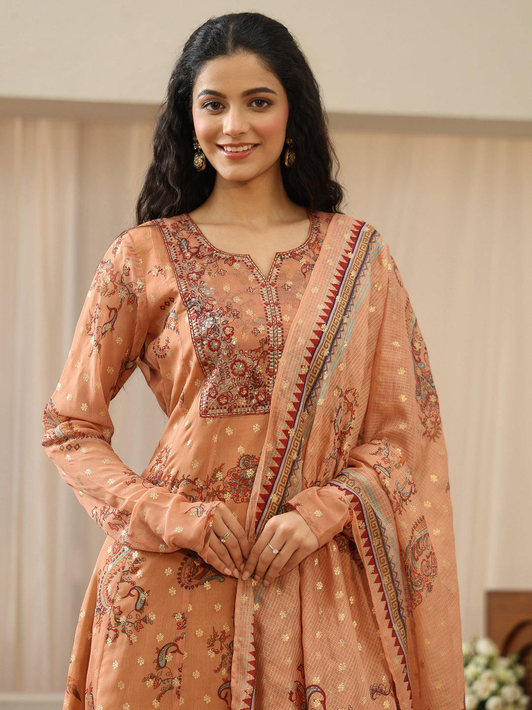 Coral Orange Floral Printed Chiffon Anarkali Suit Set