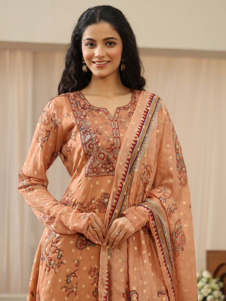 Coral Orange Floral Printed Chiffon Anarkali Suit Set