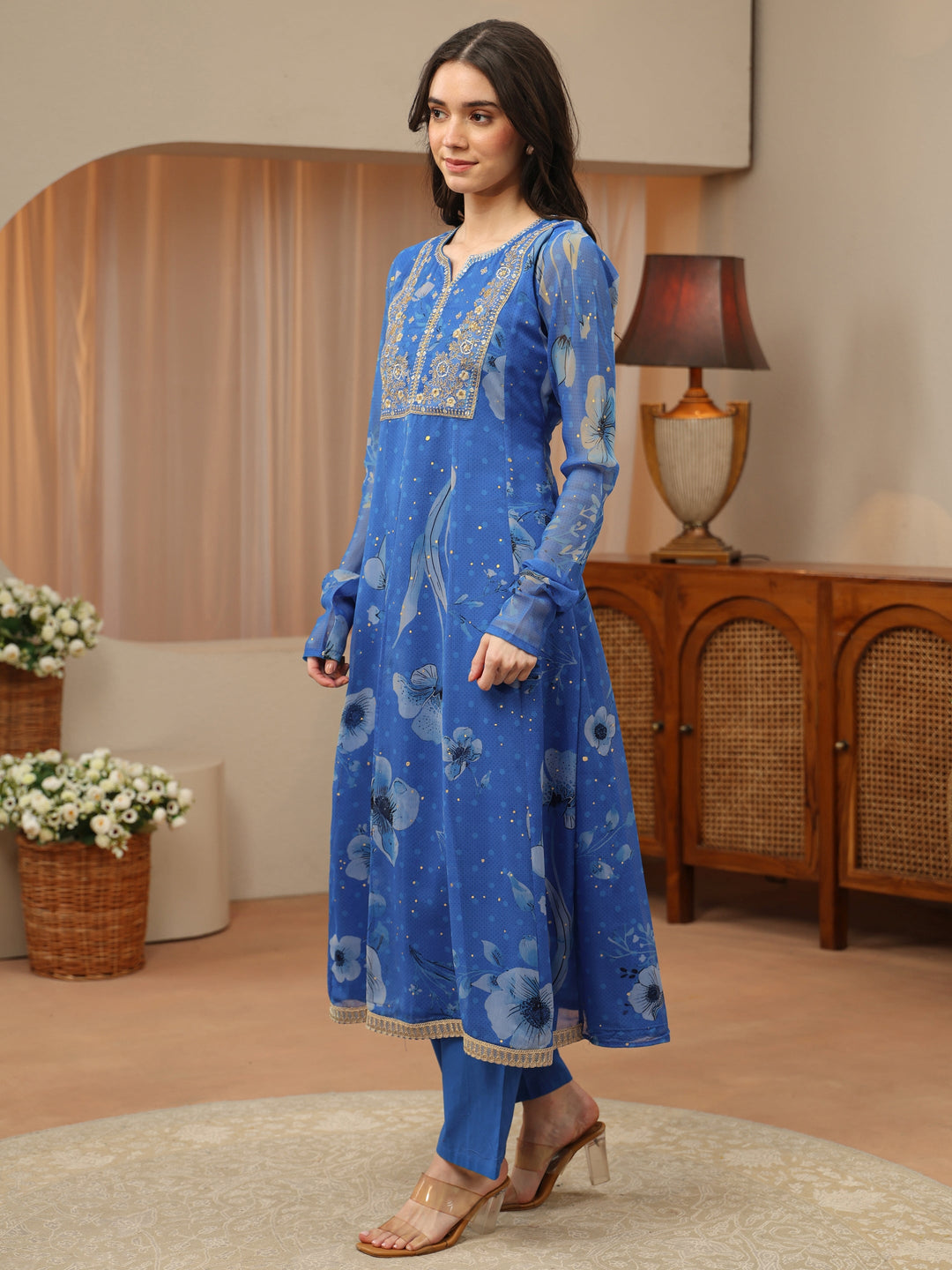 Blue Floral Printed Chiffon Anarkali Suit Set