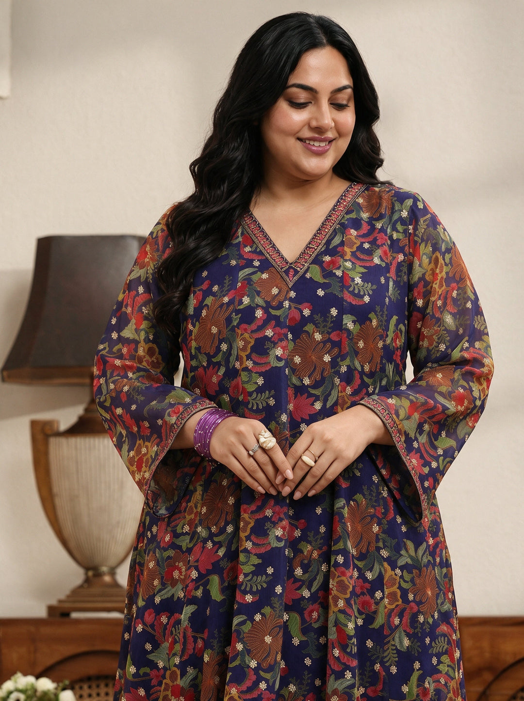 Plus Size Purple Floral Printed Chiffon Anarkali Suit Set