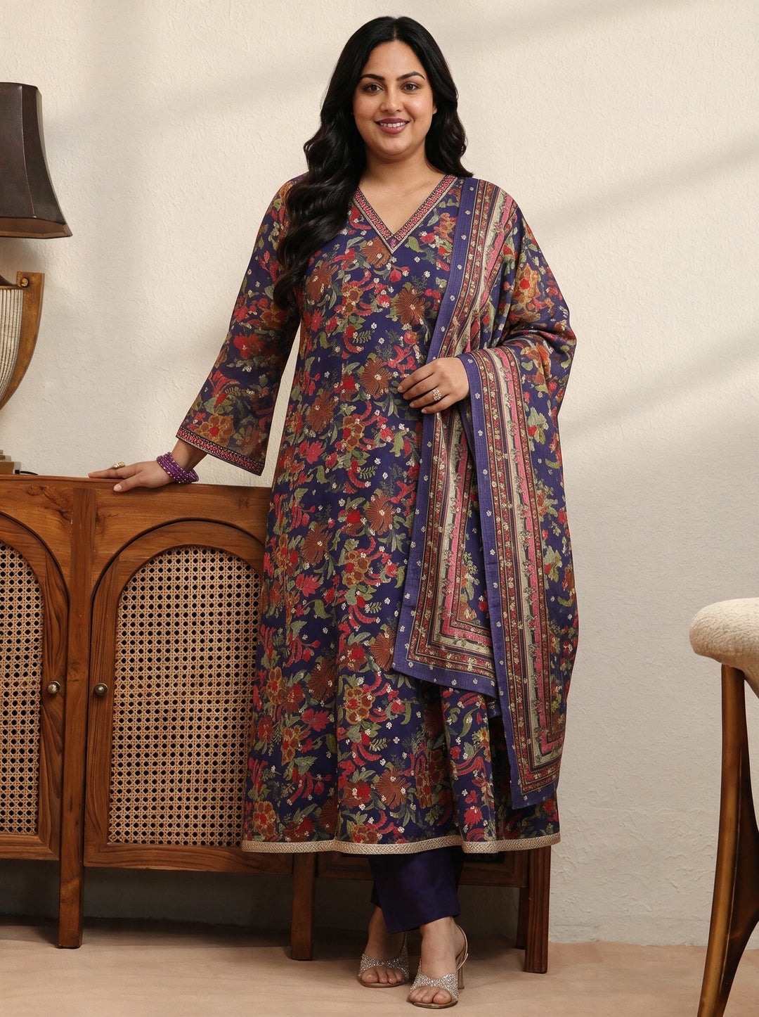 Plus Size Purple Floral Printed Chiffon Anarkali Suit Set