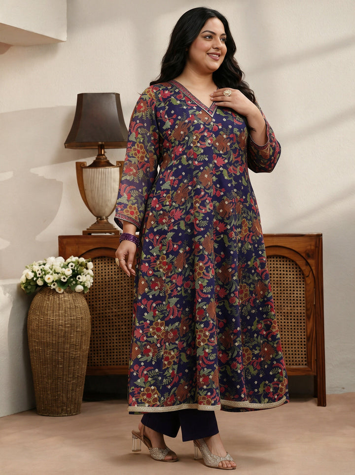 Plus Size Purple Floral Printed Chiffon Anarkali Suit Set