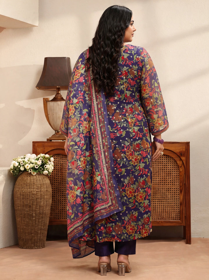 Plus Size Purple Floral Printed Chiffon Anarkali Suit Set