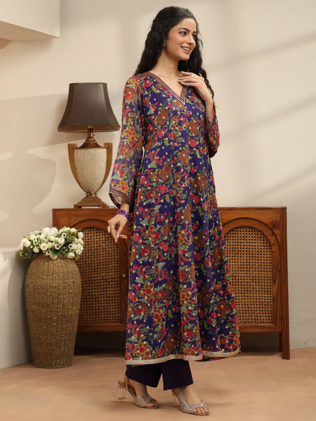 Violet Floral Printed Chiffon Anarkali Suit Set