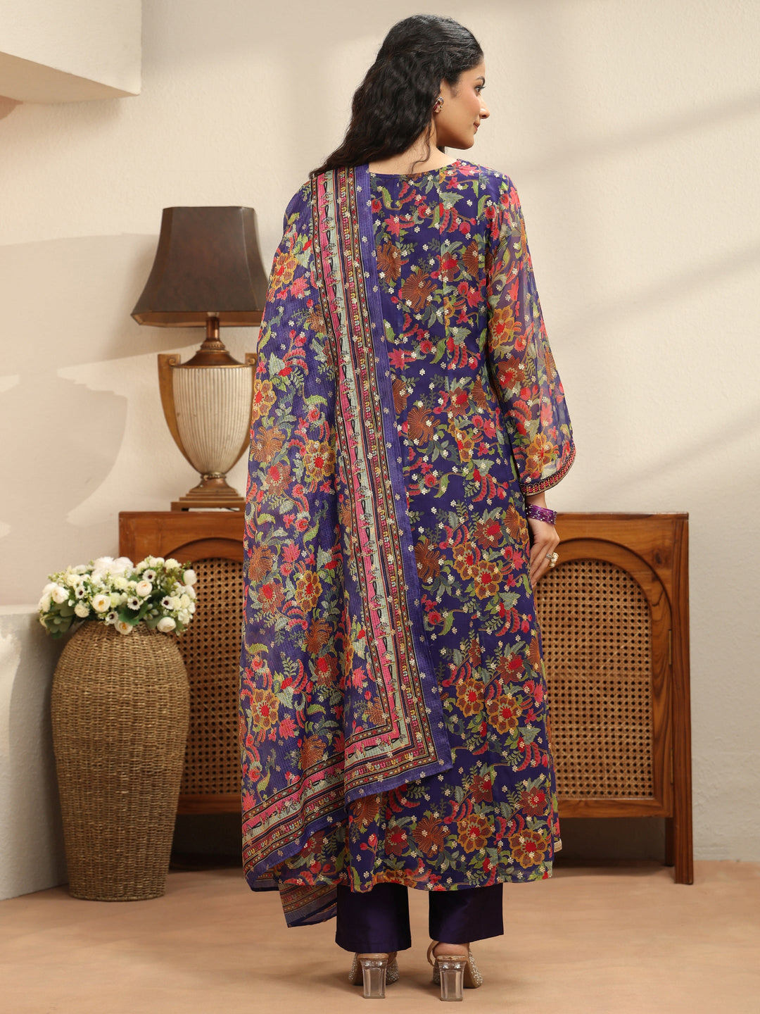 Violet Floral Printed Chiffon Anarkali Suit Set