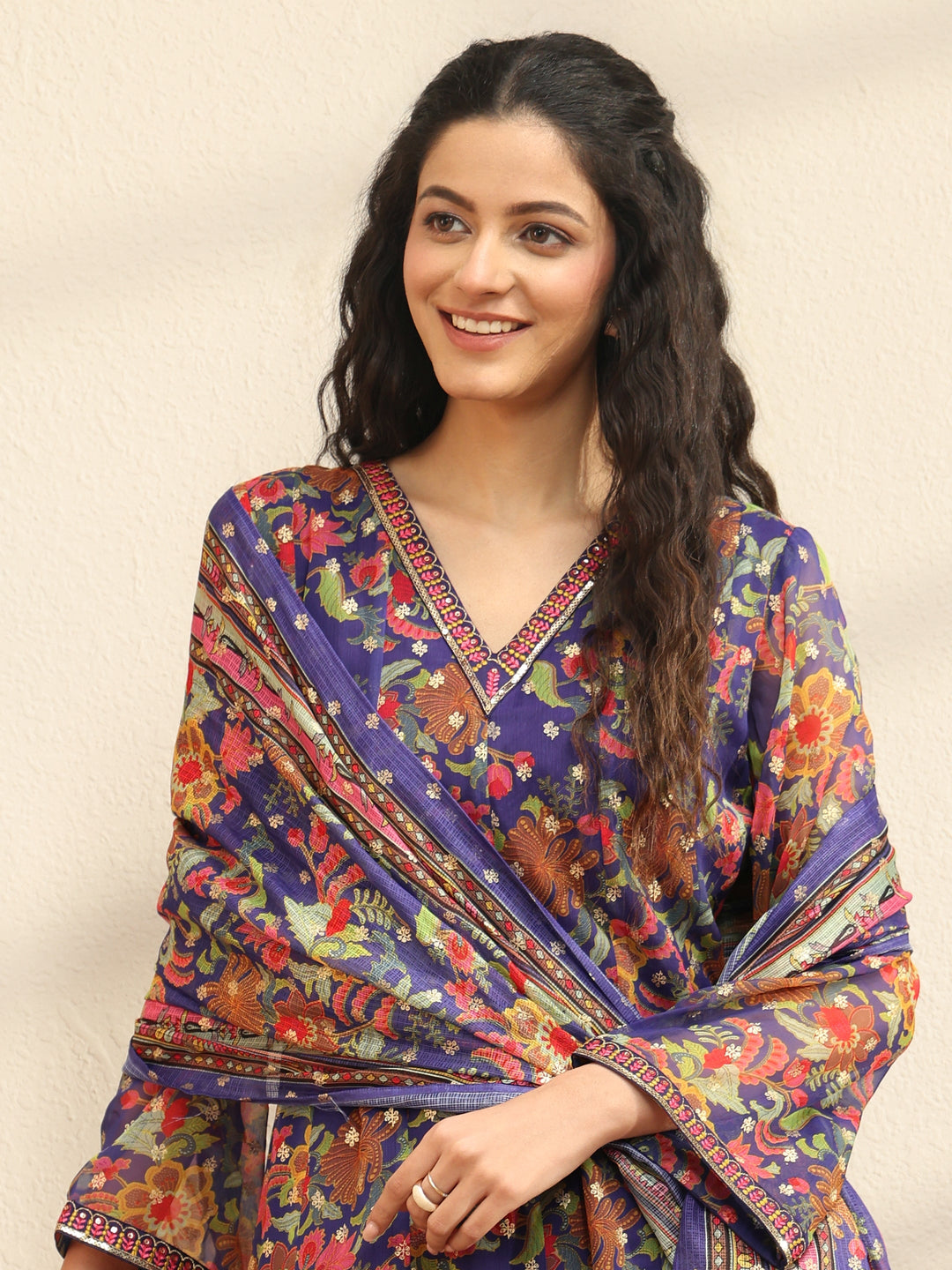 Violet Floral Printed Chiffon Anarkali Suit Set