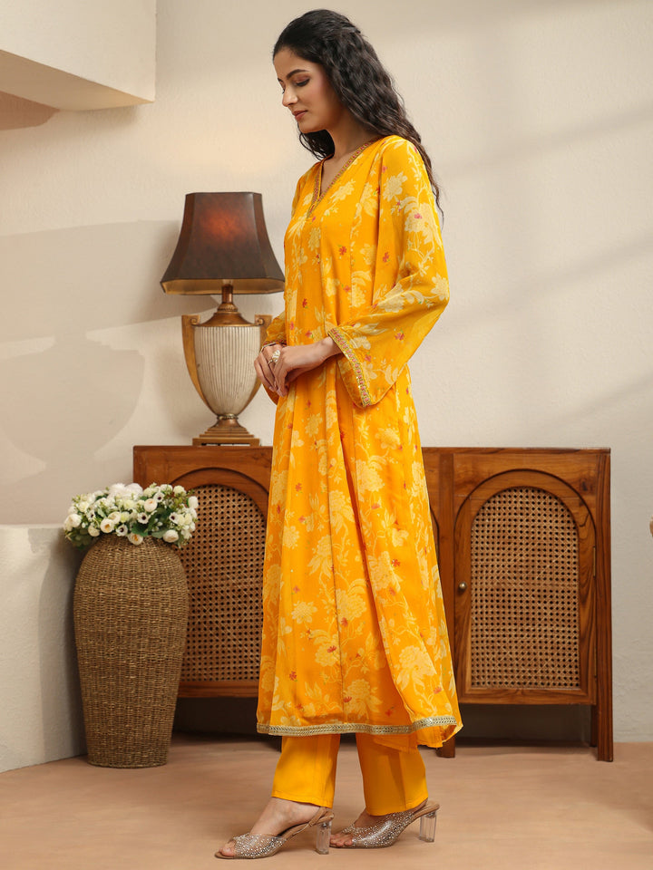 Sunflower Yellow Floral Printed Chiffon Anarkali Suit Set