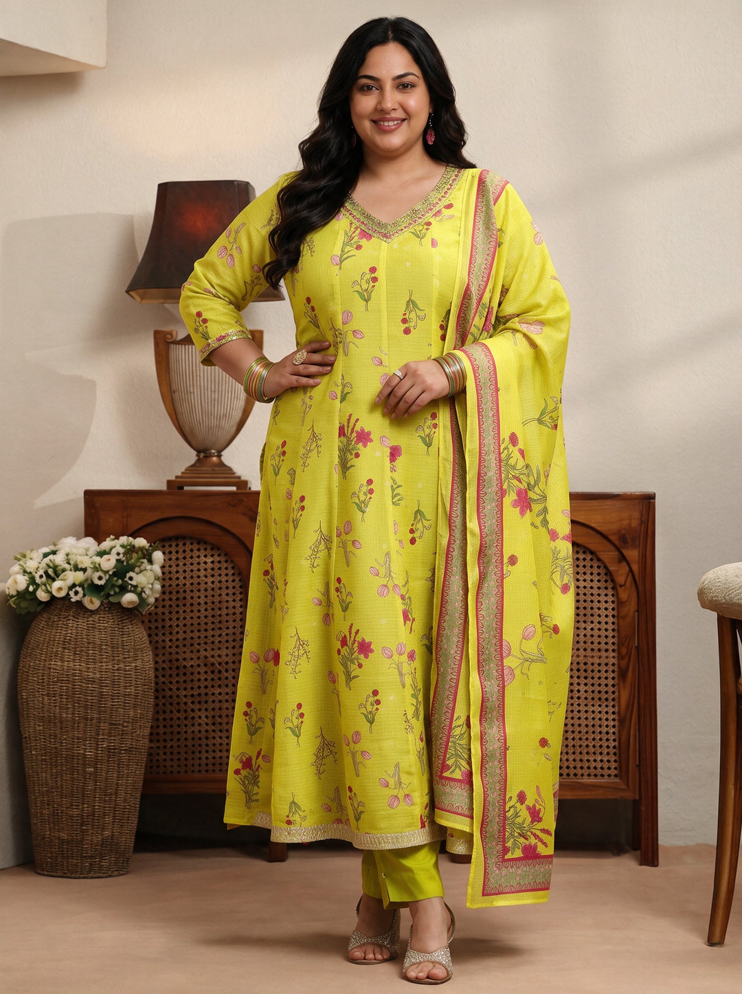 Plus Size Green Floral Printed Chiffon Anarkali Suit Set