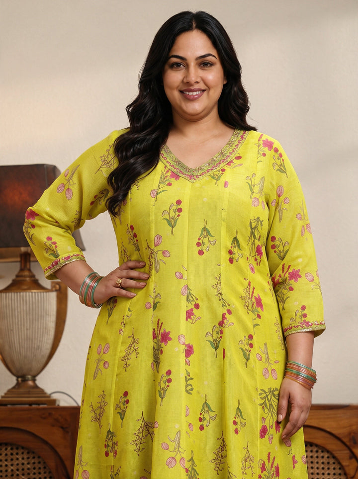Plus Size Green Floral Printed Chiffon Anarkali Suit Set