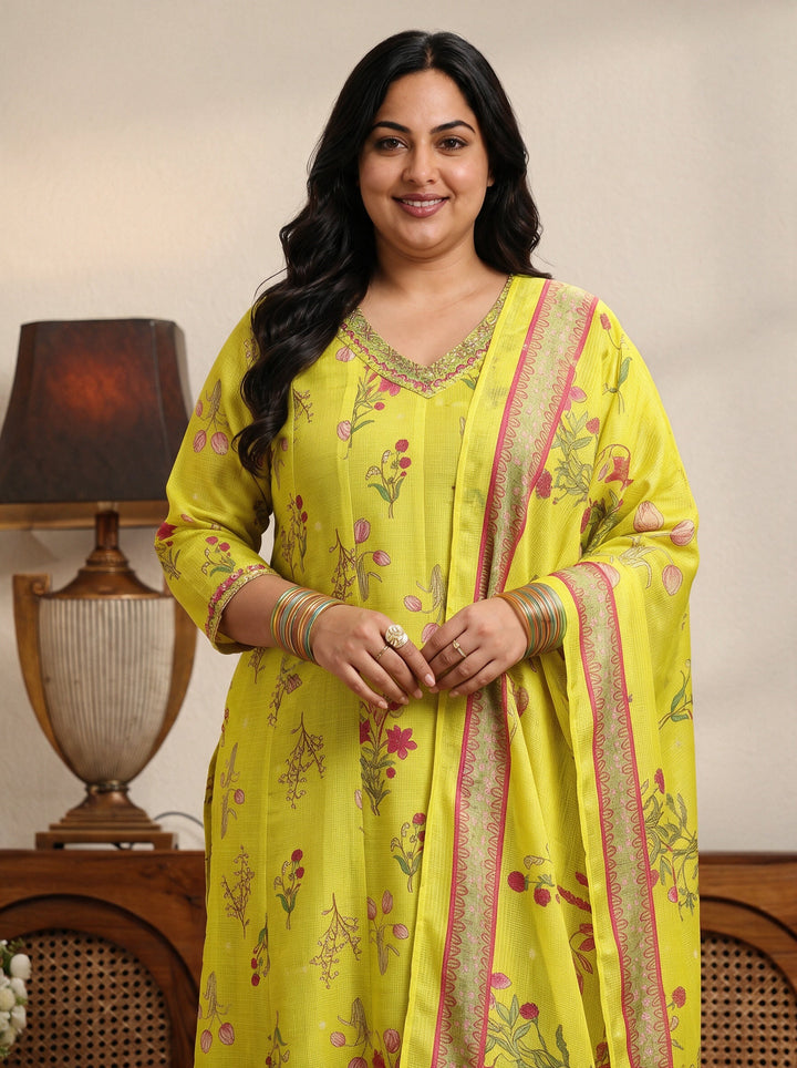 Plus Size Green Floral Printed Chiffon Anarkali Suit Set