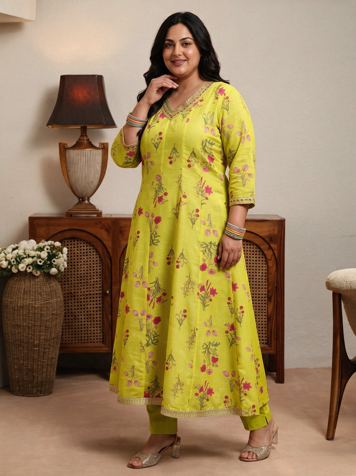 Plus Size Green Floral Printed Chiffon Anarkali Suit Set
