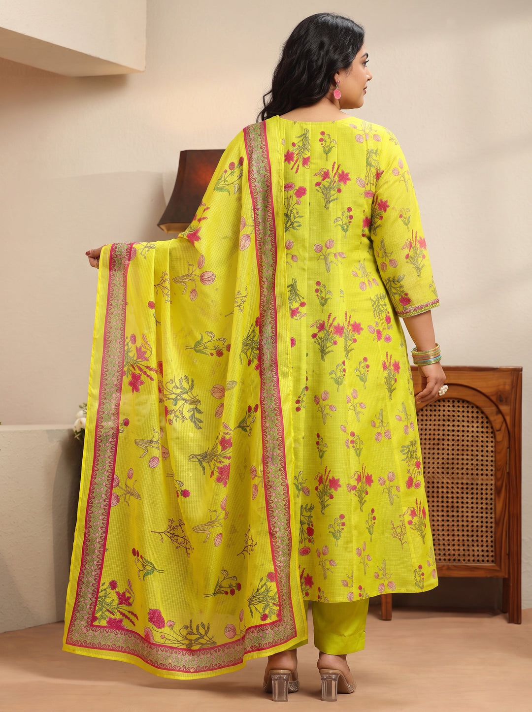 Plus Size Green Floral Printed Chiffon Anarkali Suit Set