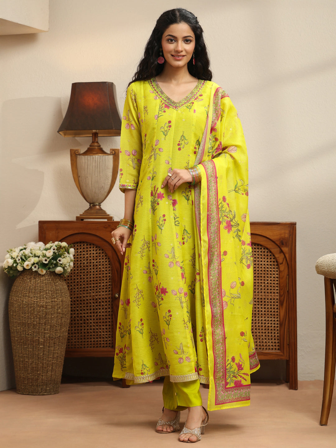 Lime Green Floral Printed Chiffon Anarkali Suit Set