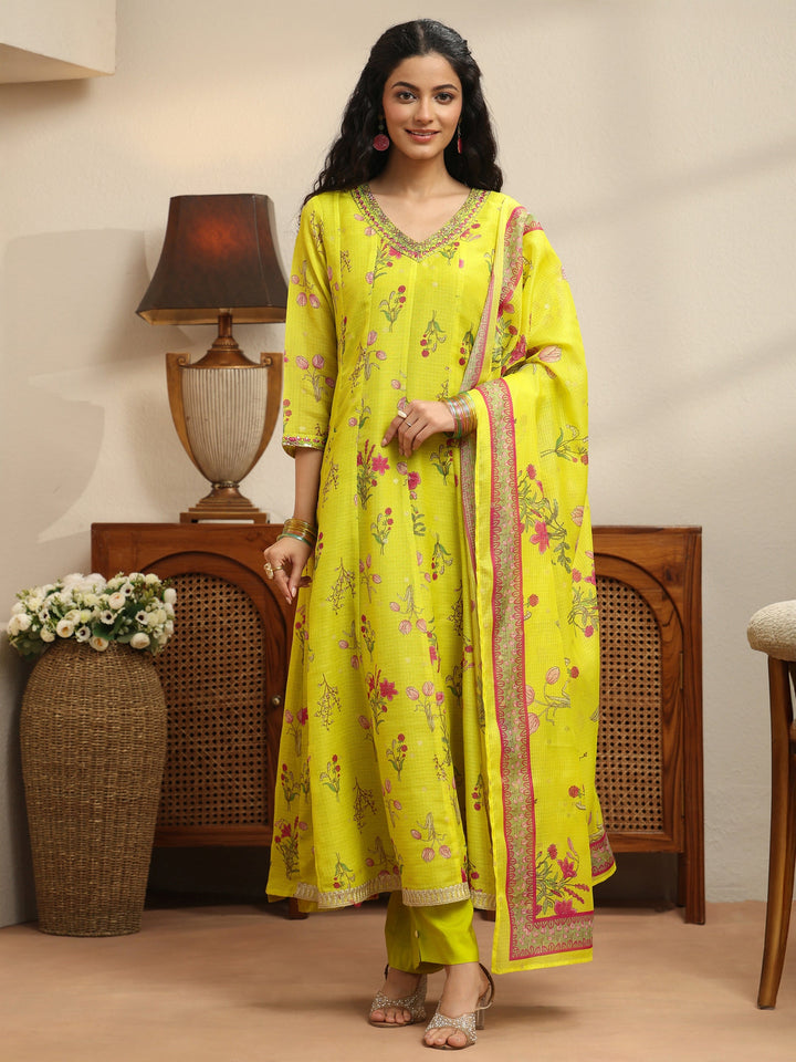 Lime Green Floral Printed Chiffon Anarkali Suit Set