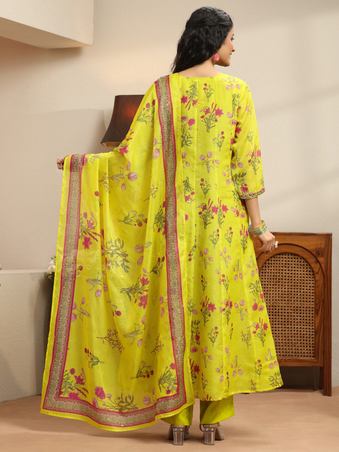 Lime Green Floral Printed Chiffon Anarkali Suit Set