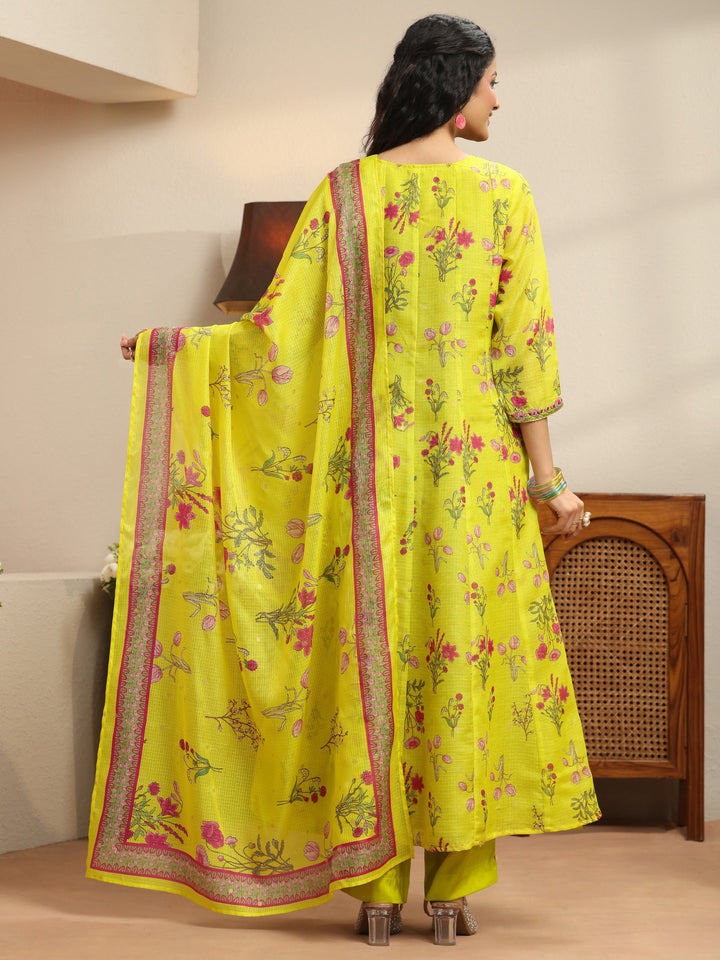 Lime Green Floral Printed Chiffon Anarkali Suit Set