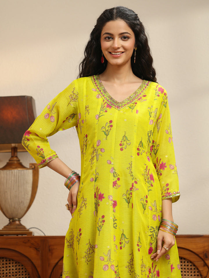 Lime Green Floral Printed Chiffon Anarkali Suit Set