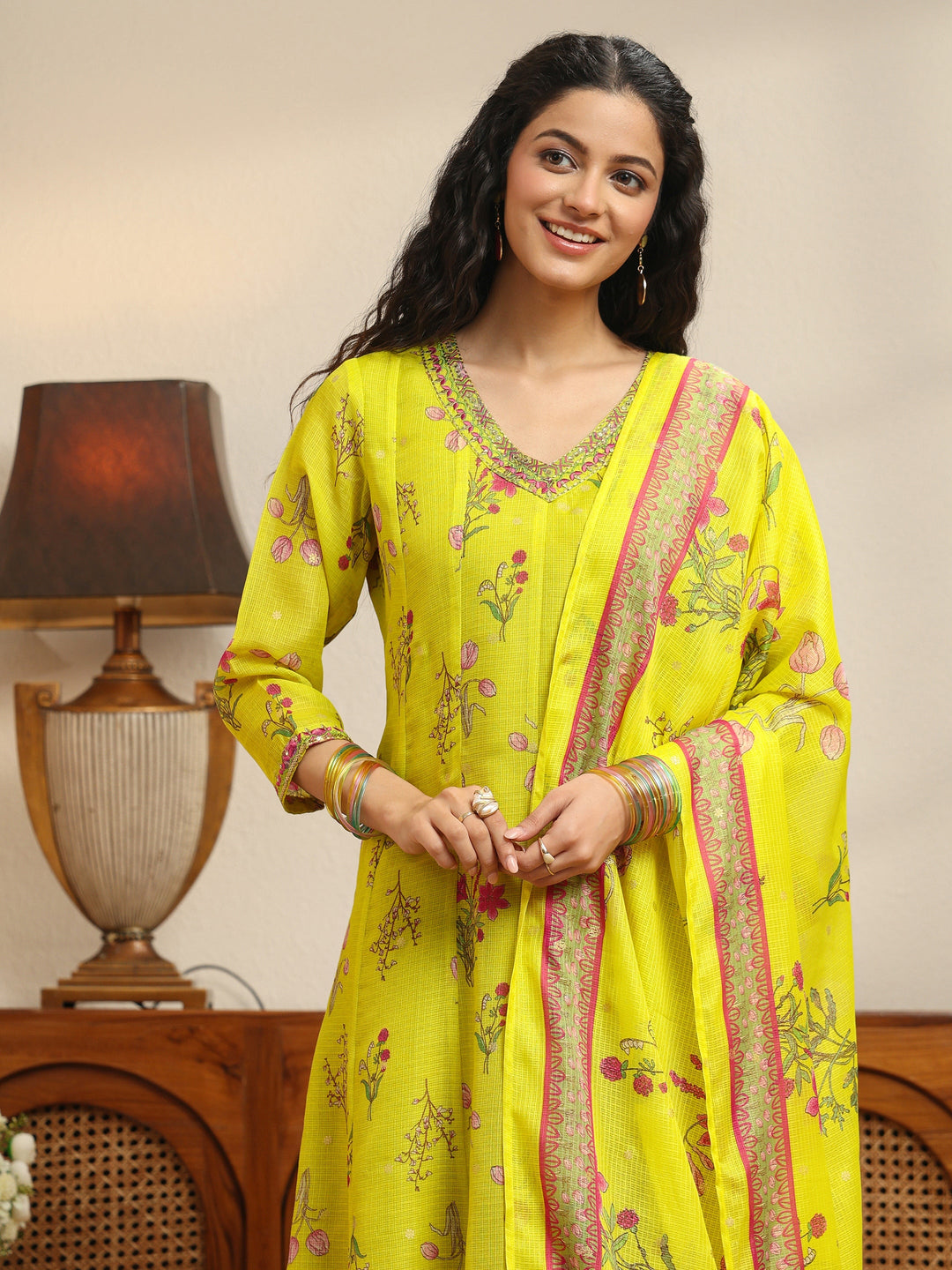Lime Green Floral Printed Chiffon Anarkali Suit Set