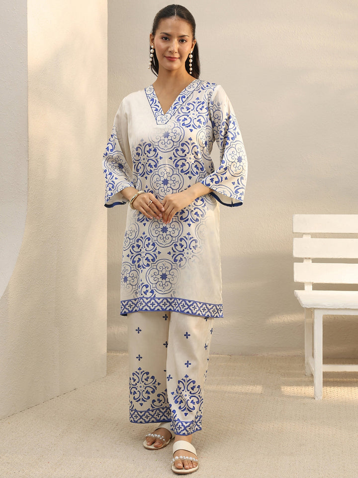 Off White Ethnic Printed Viscose Straight Kurta Set