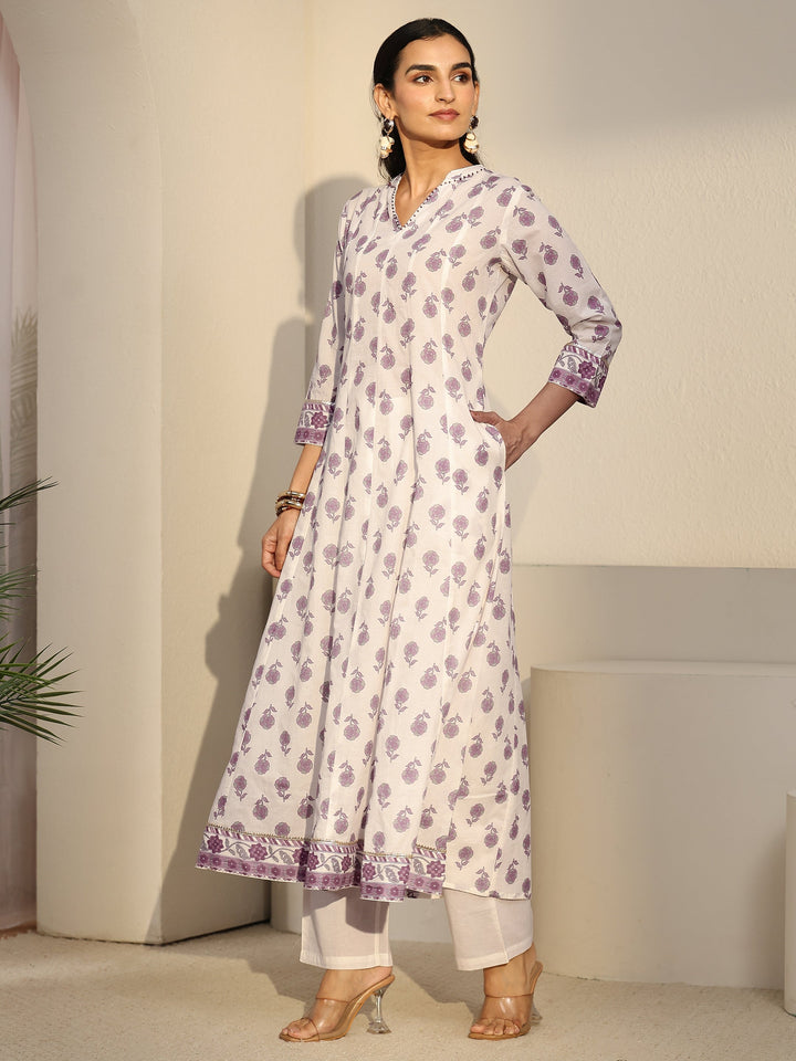 Libas White Floral Printed Cotton Anarkali Suit Set