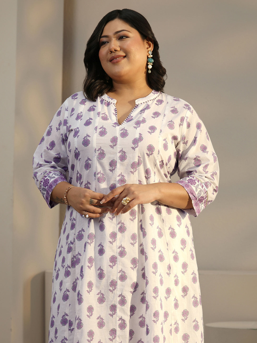 Plus Size White Floral Printed Anarkali Suit Set