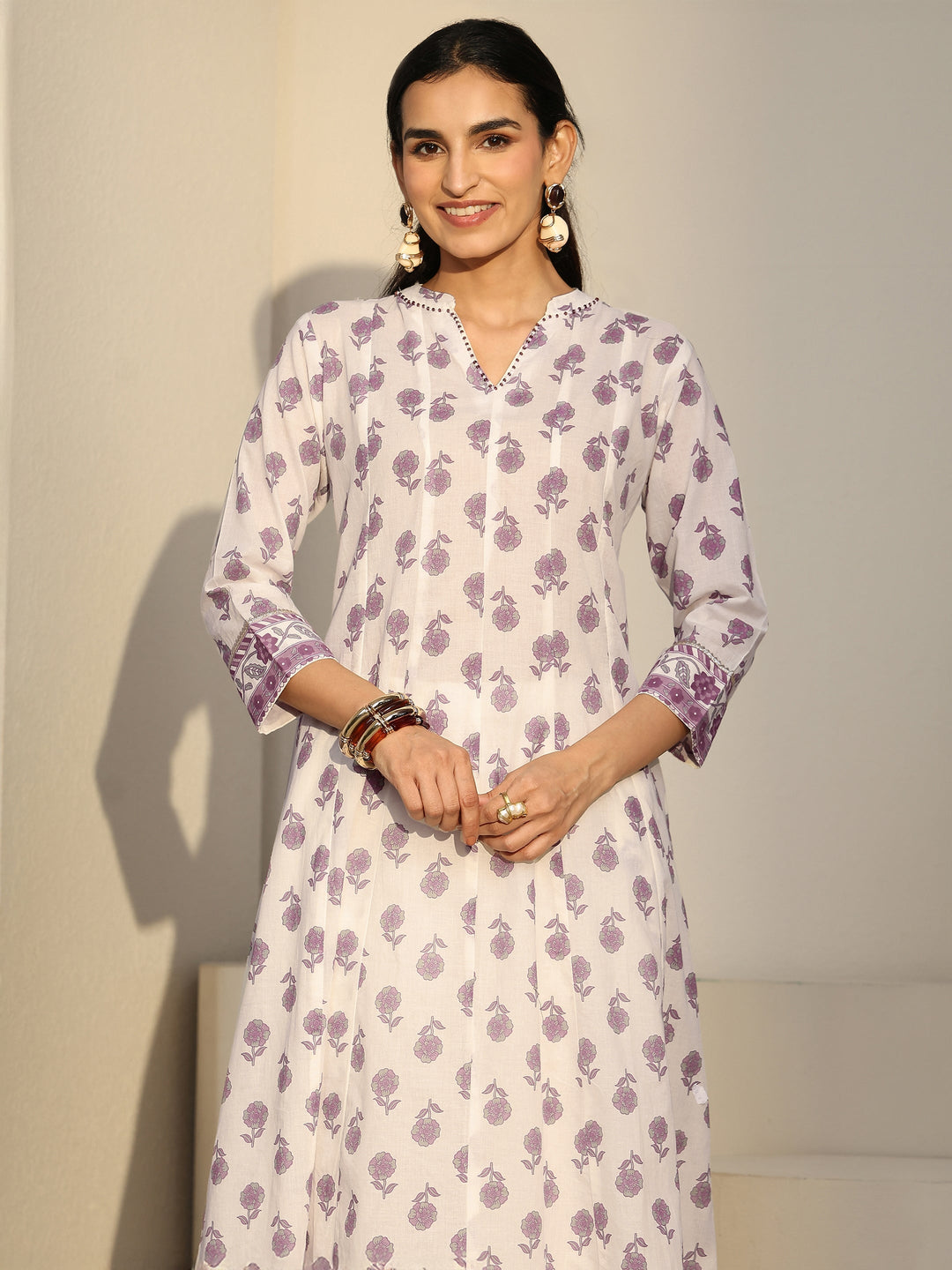 Libas White Floral Printed Cotton Anarkali Suit Set